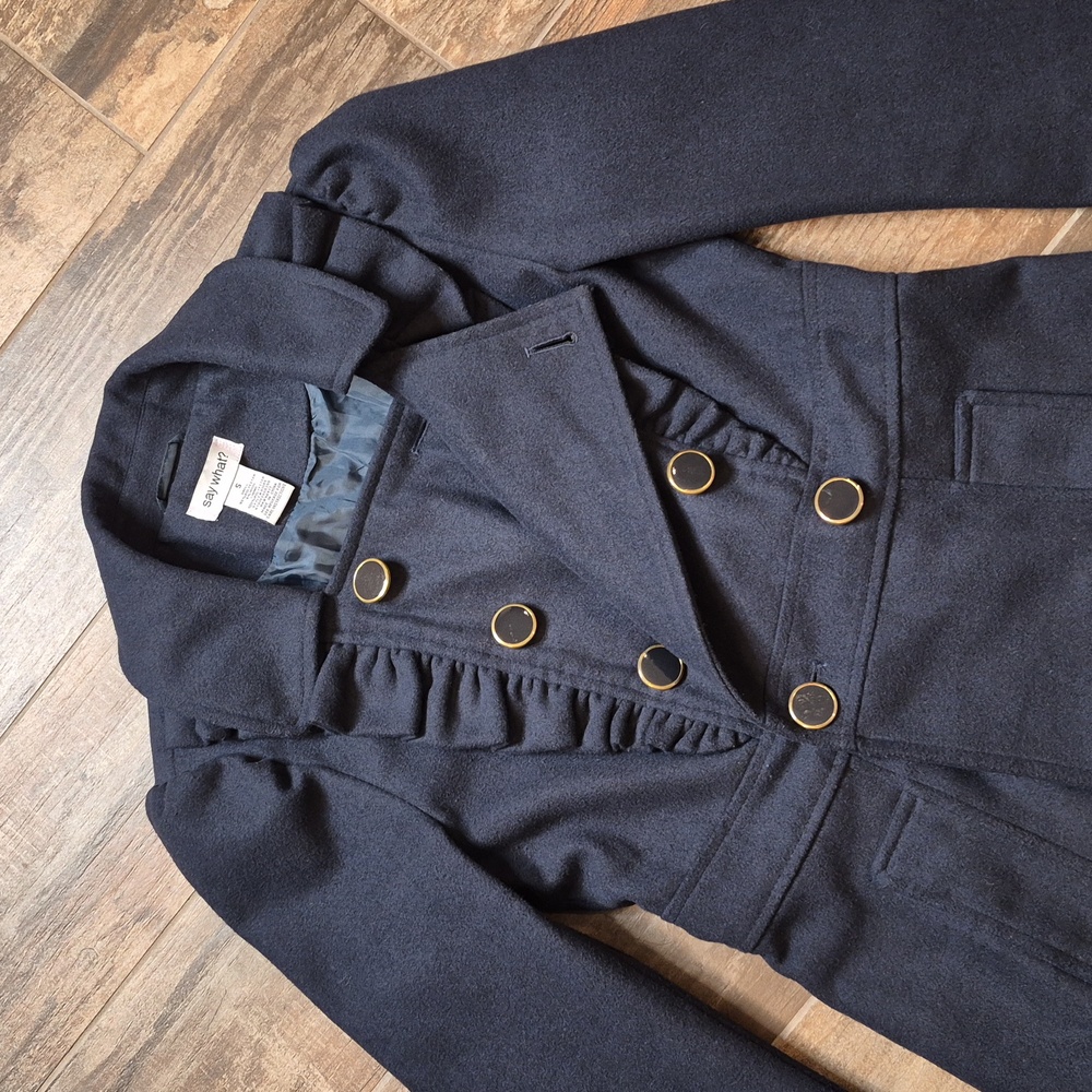 Say What? Navy Blue Ruffle Detail Puff Sleeve Wool Blend Lined Midi Coat, XS - Picture 4 of 11